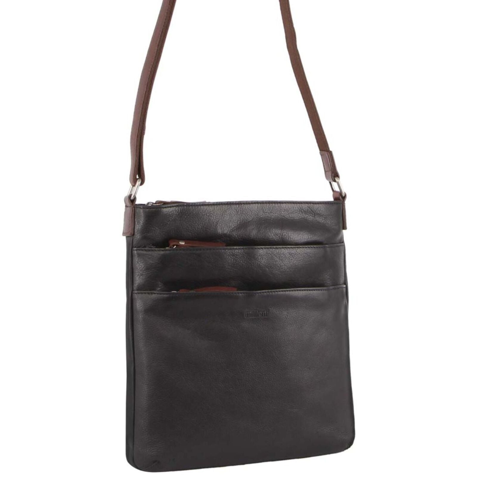 Milleni Womens Italian Leather Bag Soft Nappa Leather Cross-Body Travel - Black/Chestnut Secondary image