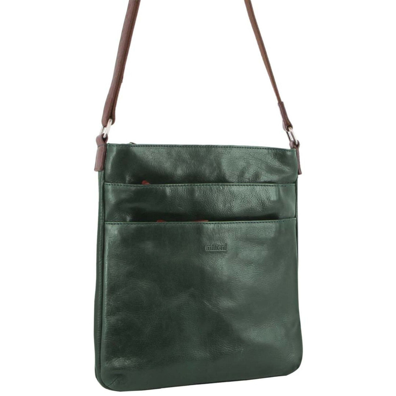 Milleni Ladies Nappa Leather Zip Closure Cross Body Bag Travel - Emerald/Chestnut Secondary image