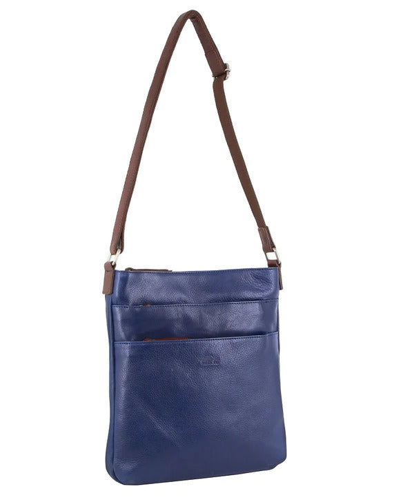 Milleni Womens Italian Leather Bag Soft Nappa Leather Cross-Body Travel - Indigo/Chestnut Main image