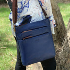 Milleni Womens Italian Leather Bag Soft Nappa Leather Cross-Body Travel - Indigo/Chestnut