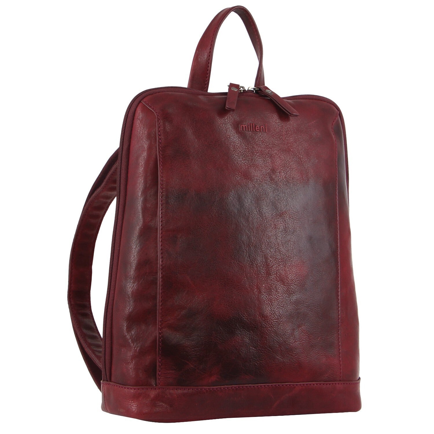 Milleni Ladies Nappa Leather Bag Twin Zip Backpack w/ Zipped Pocket - Cherry Red Secondary image