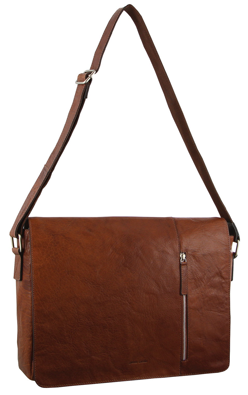 Pierre Cardin Rustic Leather Bag 15" Laptop Computer Messenger Business Travel - Chestnut