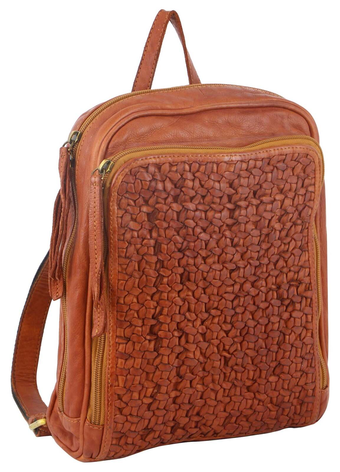 Pierre Cardin Woven Leather Ladies Backpack Bag Travel Satchel Zip - Cognac Secondary image