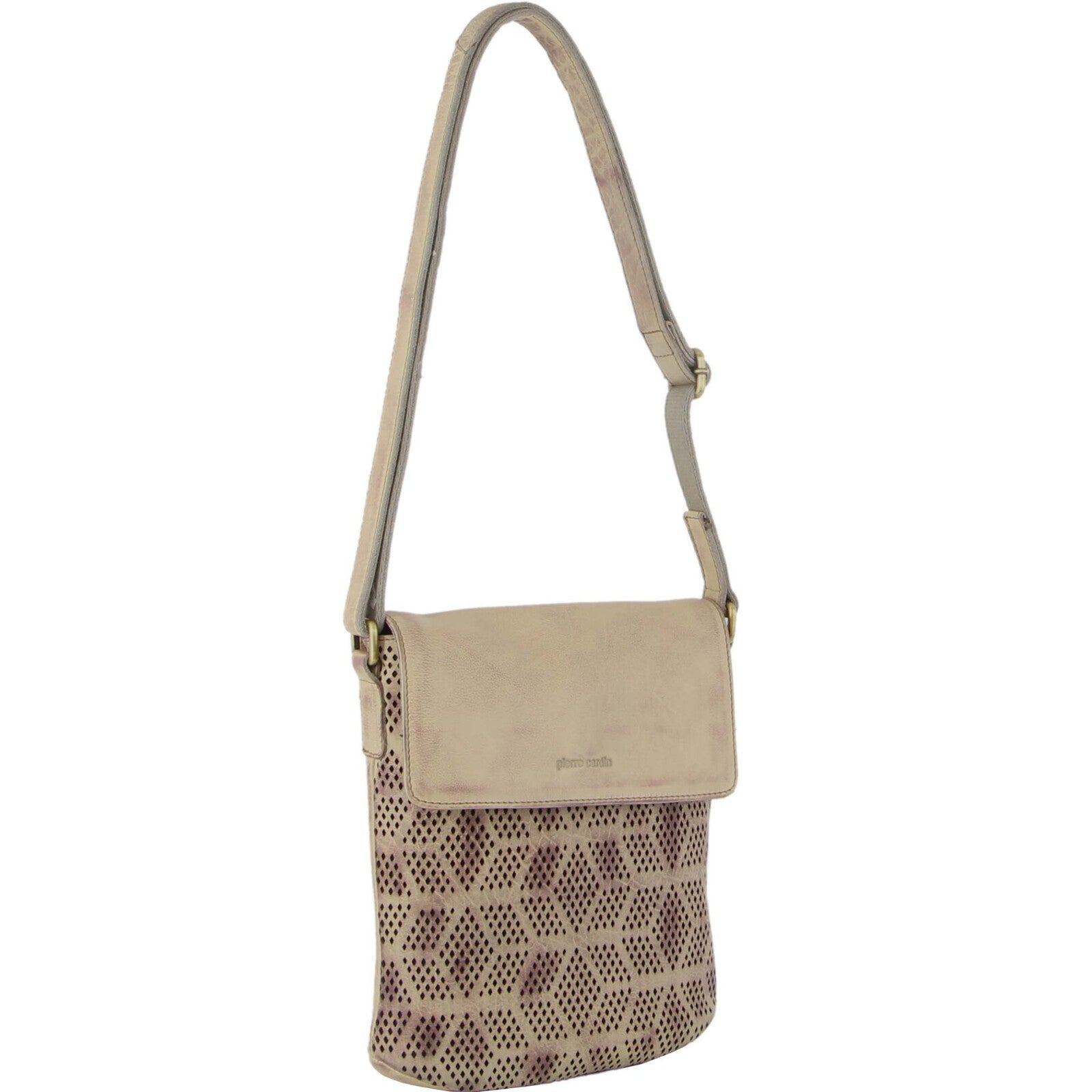 Pierre Cardin Leather Perforated Cross-Body Bag with Flap Closure - Latte Main image