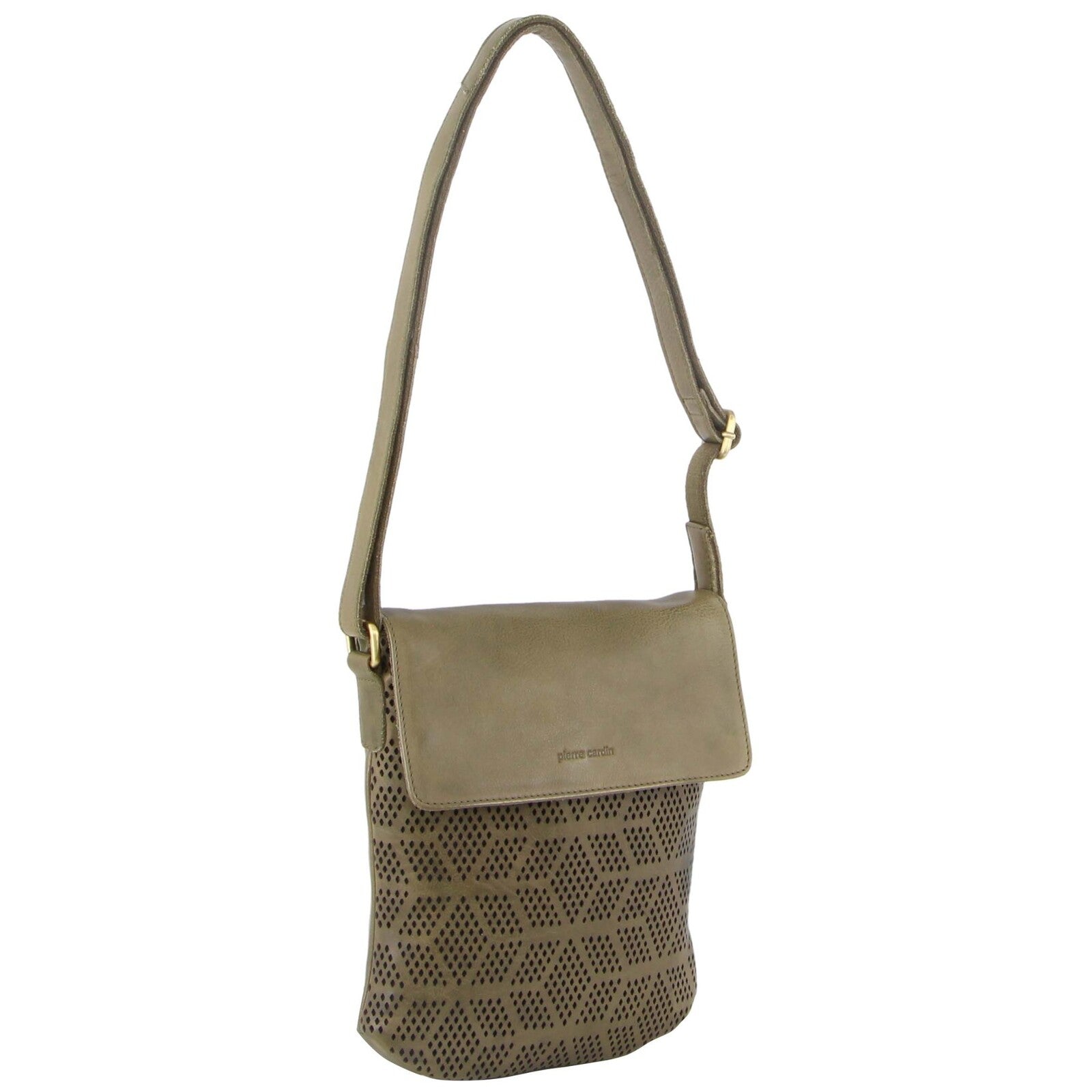Pierre Cardin Leather Perforated Cross-Body Bag with Flap Closure - Olive Secondary image