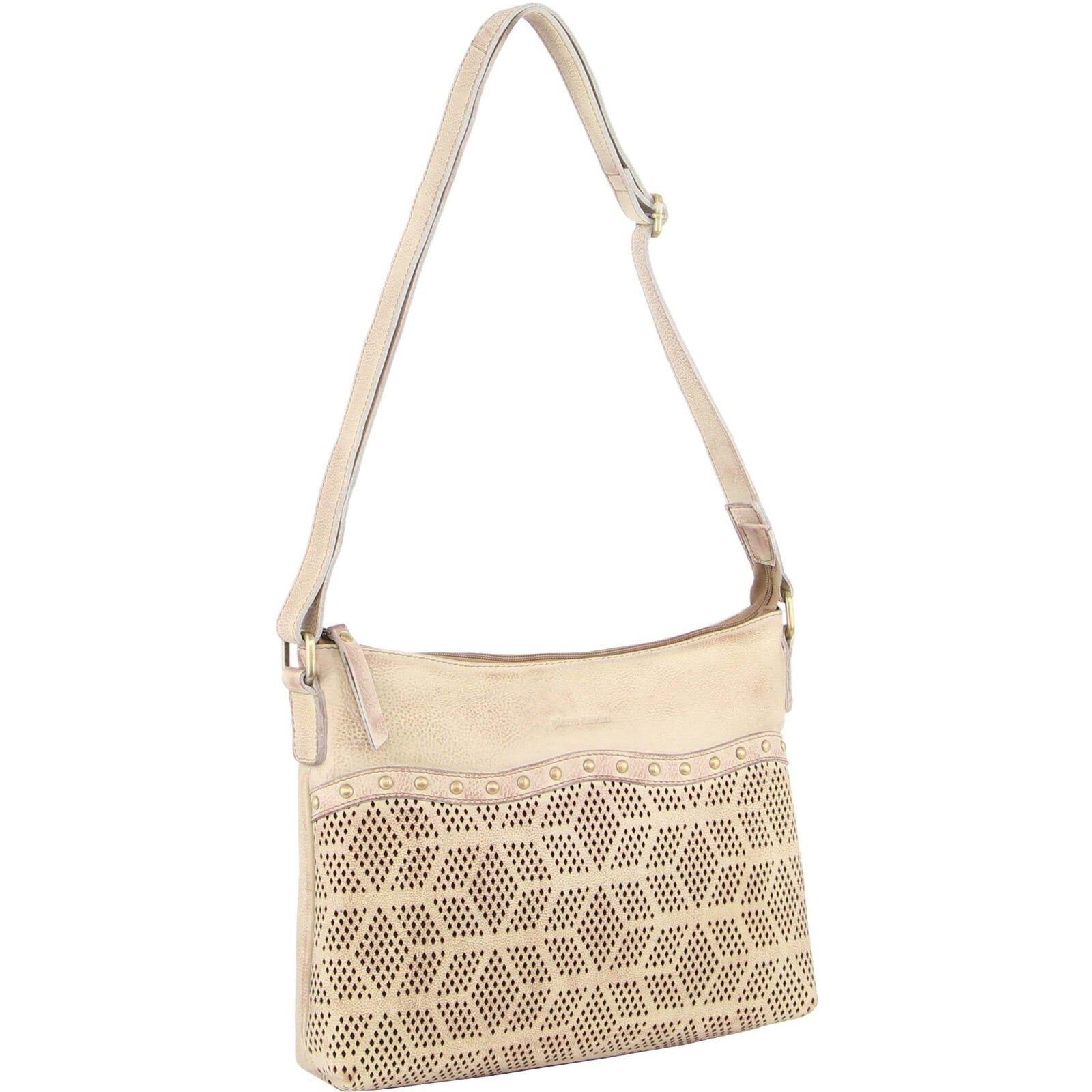 Pierre Cardin Womens Leather Perforated Cross-Body Bag with stud Detailing - Latte Secondary image