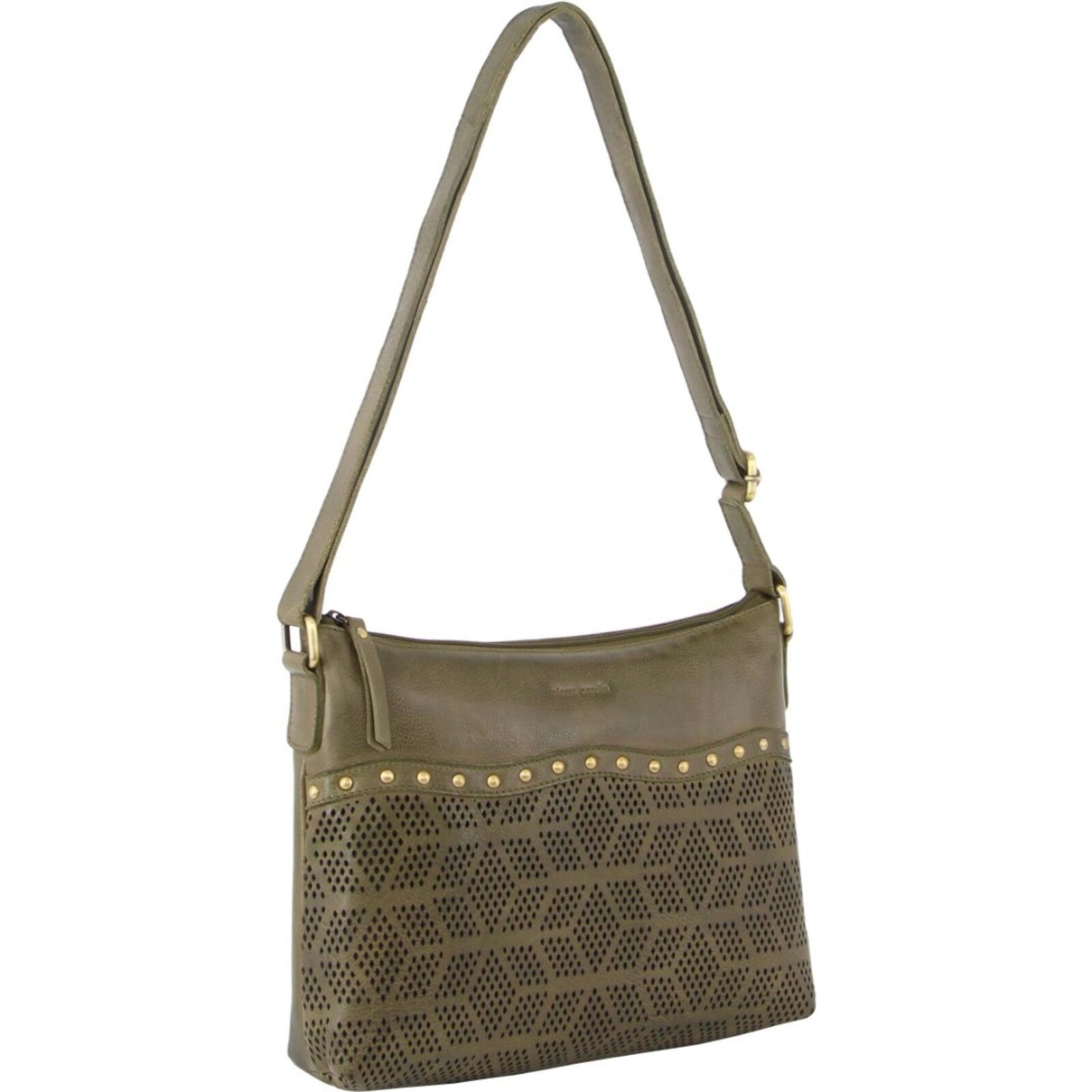 Pierre Cardin Womens Leather Perforated Cross Body Bag w/ Stud Detailing Travel - Olive Main image