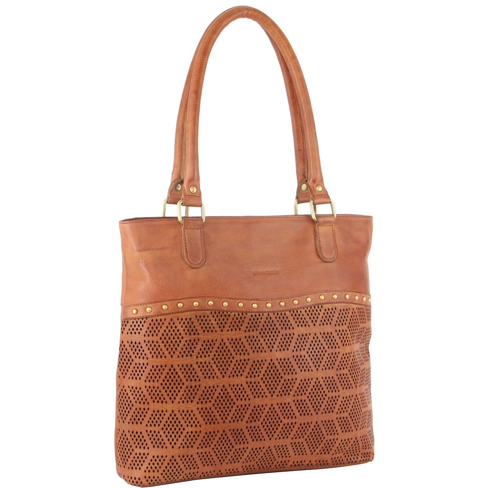Pierre Cardin Womens Leather Perforated Shoulder Bag with stud Detailing - Cognac Secondary image