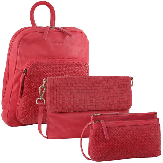 3PC Set Pierre Cardin Womens Woven Leather��Cross-Body Bags + Backpack - Red