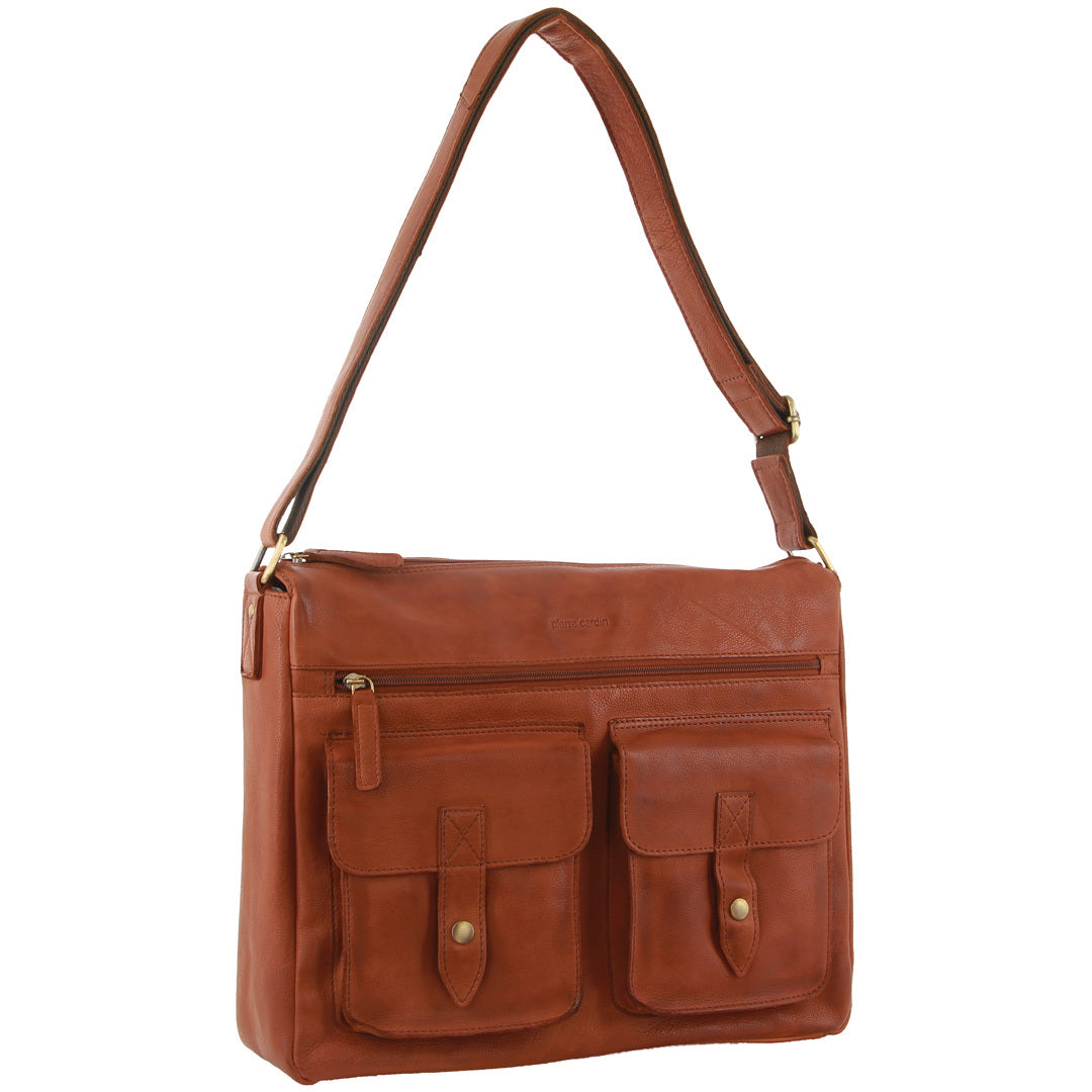Pierre Cardin Leather Briefcase Bag Tote 13" Laptop Rustic Satchel Travel - Cognac Main image