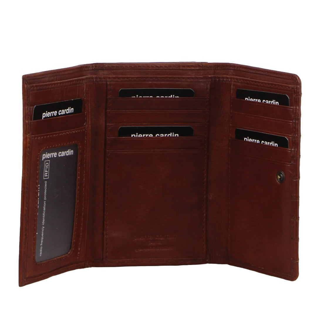 Pierre Cardin Stich Design Leather Ladies Large Tri-Fold Wallet in Tan Brown Main image
