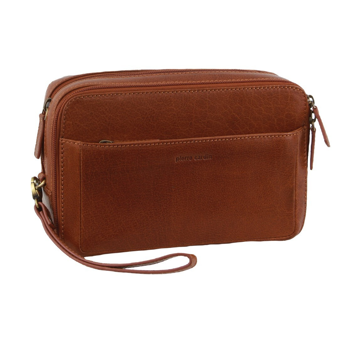 Pierre Cardin Mens Leather Toiletry Bag Travel Organizer Wash Case - Tan Secondary image