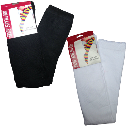 2 Pairs Ladies Over The Knee Socks Plain Black + White High Thigh Long Stockings Secondary image