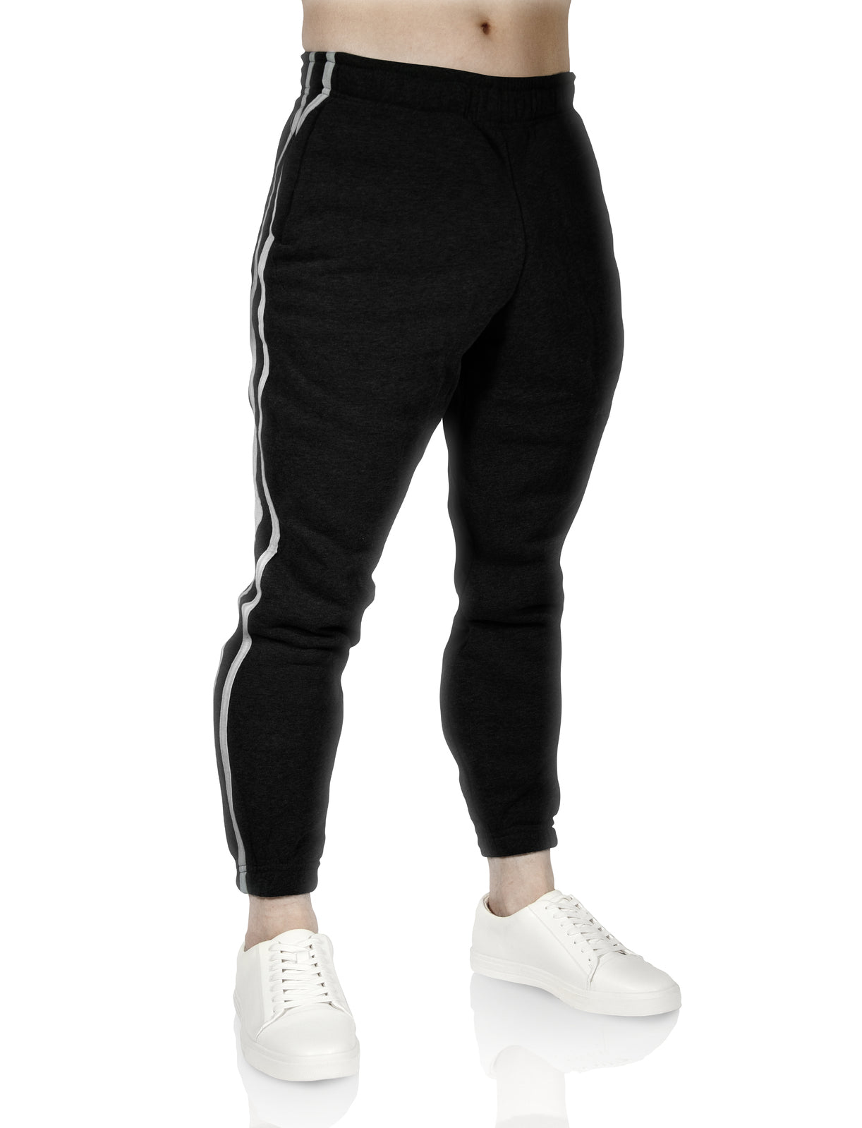 Mens Fleece Skinny Track Pants Jogger Gym Casual Sweat Trackies Warm Trousers - Black/White Stripe - L Secondary image