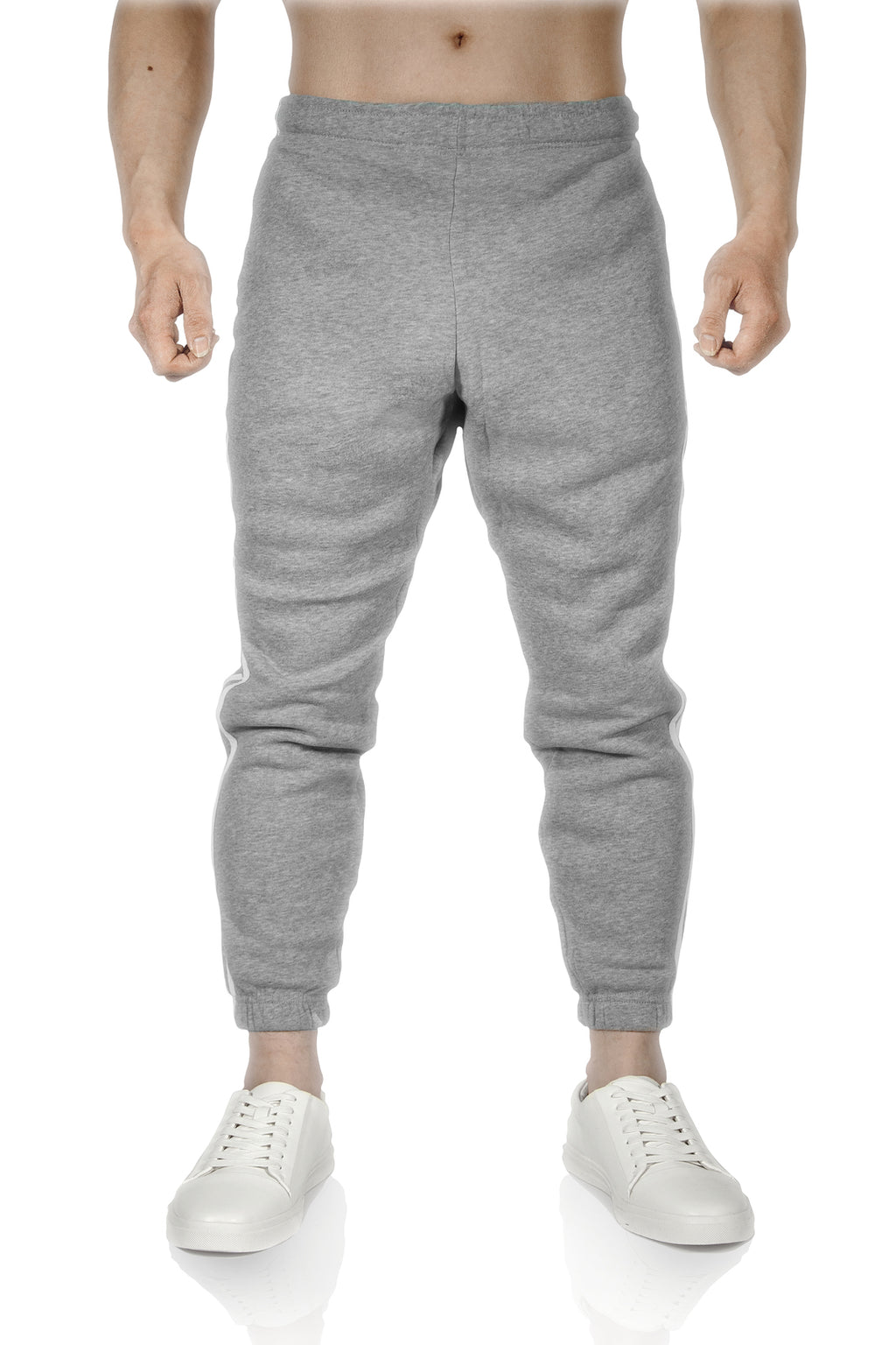 Mens Fleece Skinny Track Pants Jogger Gym Casual Sweat Trackies Warm Trousers - Grey Marle/White Stripe - M