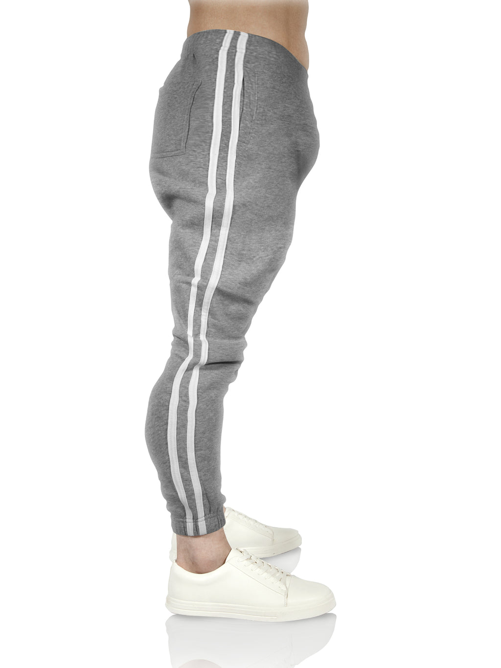 Mens Fleece Skinny Track Pants Jogger Gym Casual Sweat Trackies Warm Trousers - Grey Marle/White Stripe - M