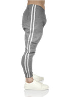 Mens Fleece Skinny Track Pants Jogger Gym Casual Sweat Trackies Warm Trousers - Grey Marle/White Stripe - XXL