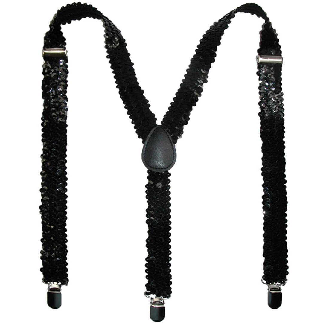 Mens Suspenders Braces Adjustable Strong Clip On Elastic Formal Wedding Slim - Black (Sequin) Secondary image