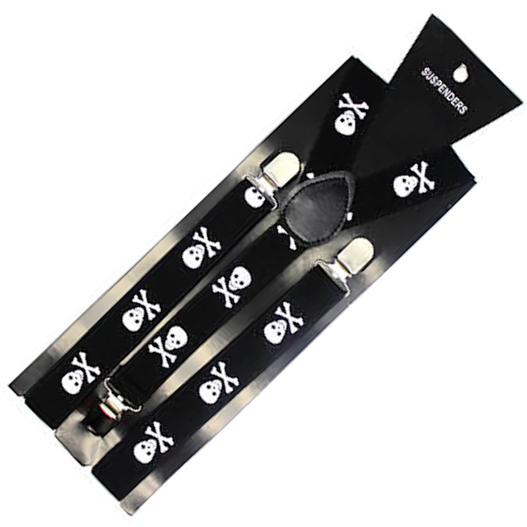 Mens Suspenders Braces Adjustable Strong Clip On Elastic Formal Wedding Slim - Black with White Skulls Secondary image