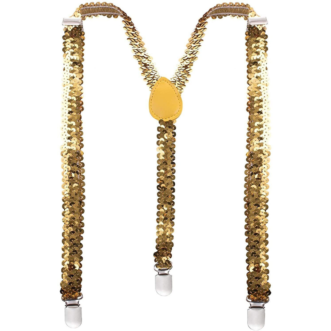 Mens Suspenders Braces Adjustable Strong Clip On Elastic Formal Wedding Slim - Gold (Sequin) Main image
