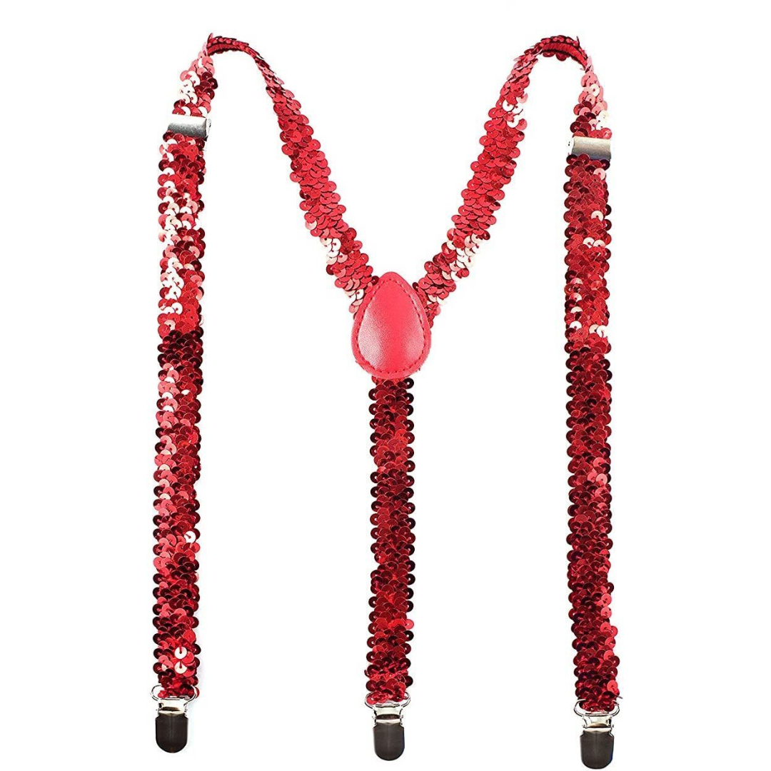 Mens Suspenders Braces Adjustable Strong Clip On Elastic Formal Wedding Slim - Red (Sequin) Secondary image