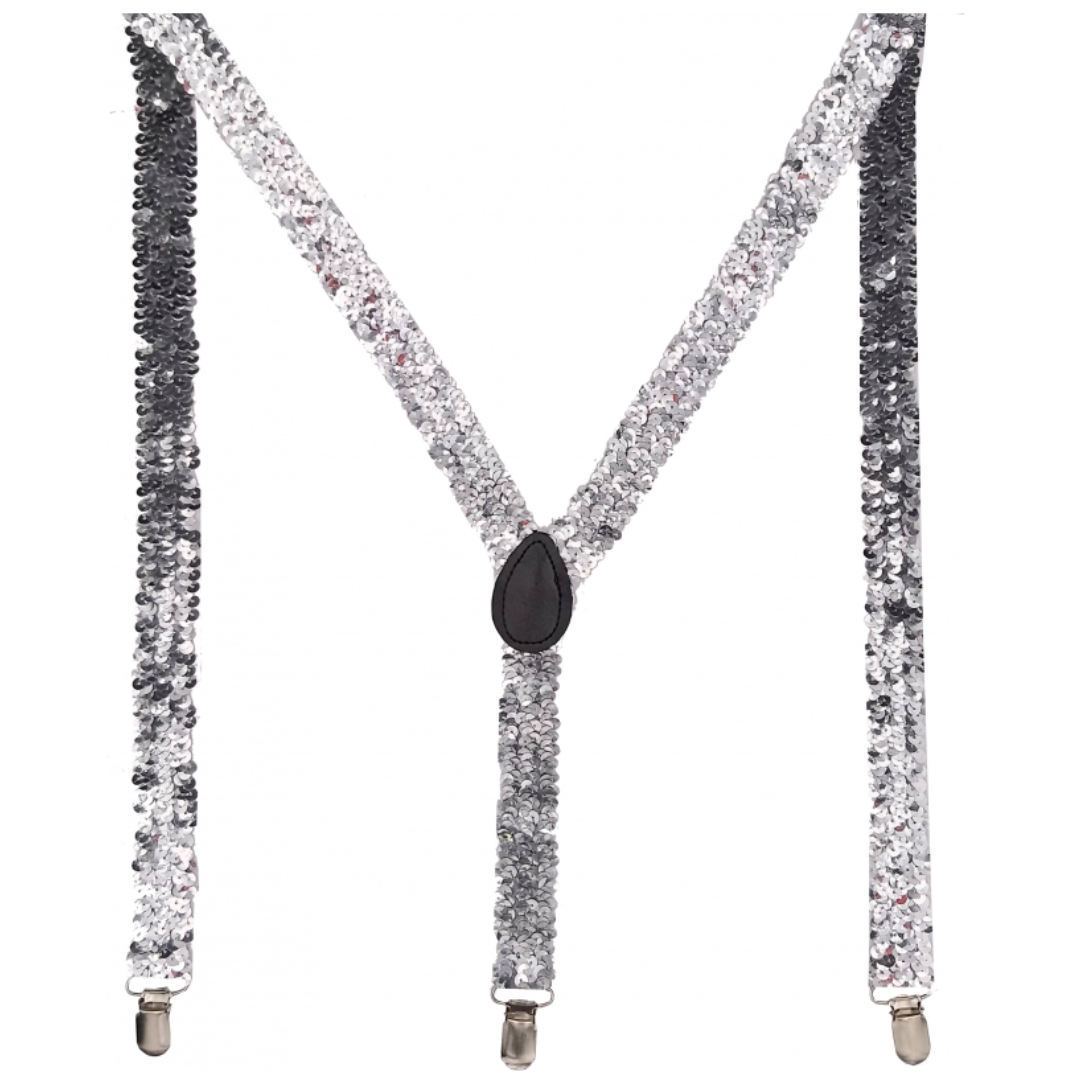 Mens Suspenders Braces Adjustable Strong Clip On Elastic Formal Wedding Slim - Silver (Sequin) Main image