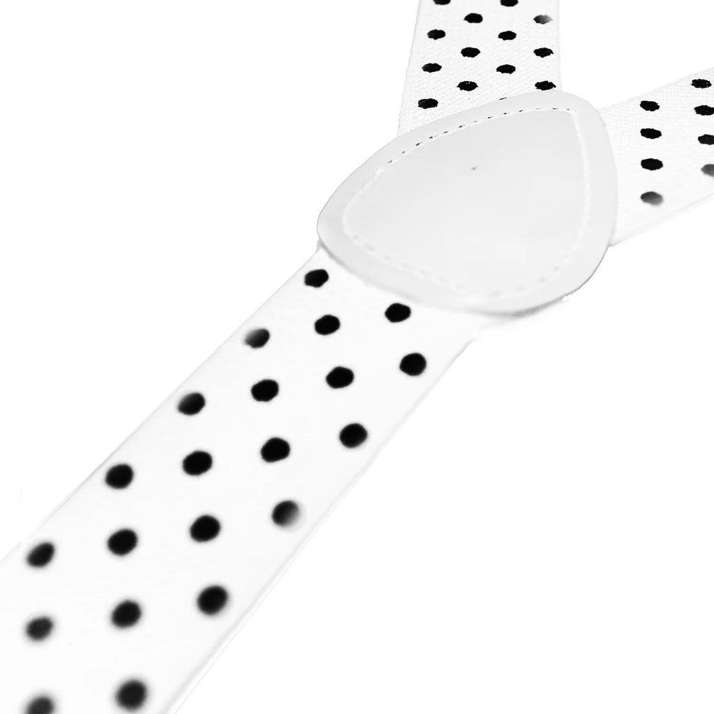 Mens Suspenders Braces Adjustable Strong Clip On Elastic Formal Wedding Slim - White with Black Polka Dot
