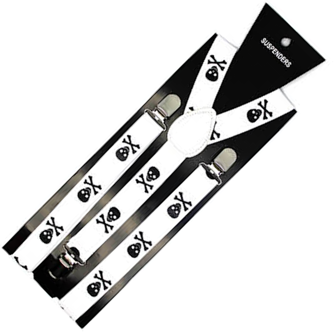 Mens Suspenders Braces Adjustable Strong Clip On Elastic Formal Wedding Slim - White with Black Skulls Main image