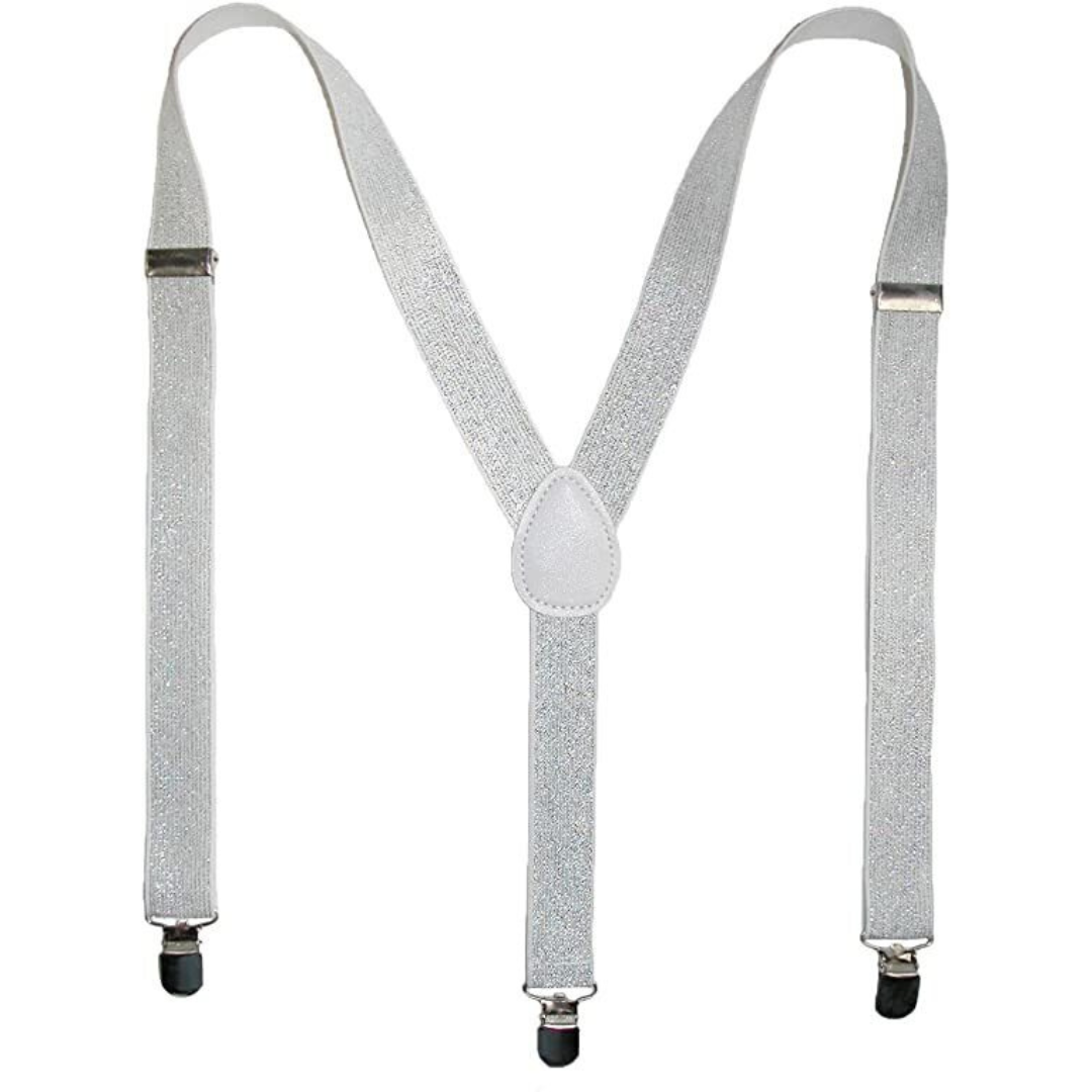 Mens Suspenders Braces Adjustable Strong Clip On Elastic Formal Wedding Slim - White (Glitter) Main image