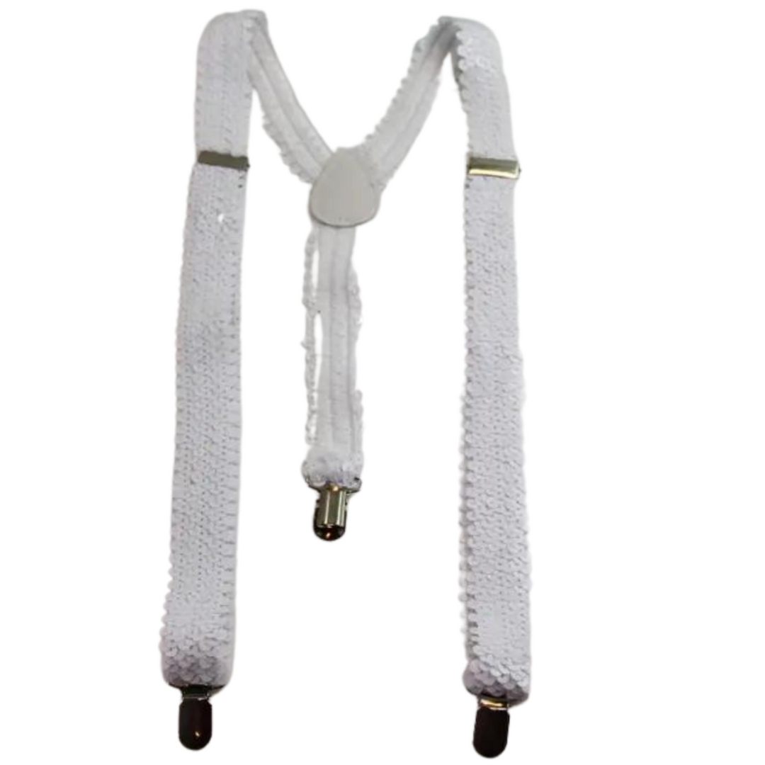 Mens Suspenders Braces Adjustable Strong Clip On Elastic Formal Wedding Slim - White (Sequin) Main image