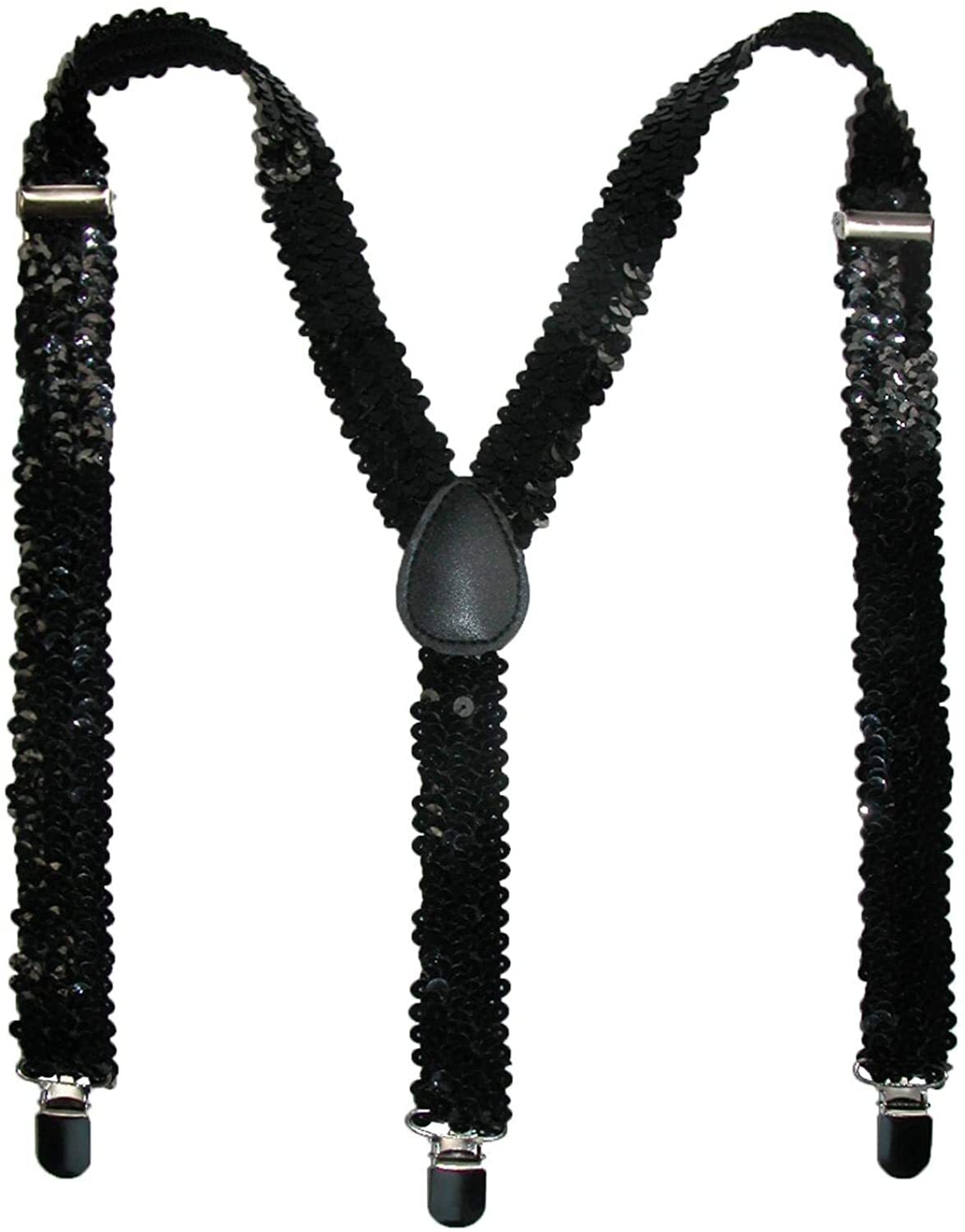 SEQUIN SUSPENDERS Unisex Adjustable Braces Clip On Elastic Y-Back  - Black Secondary image