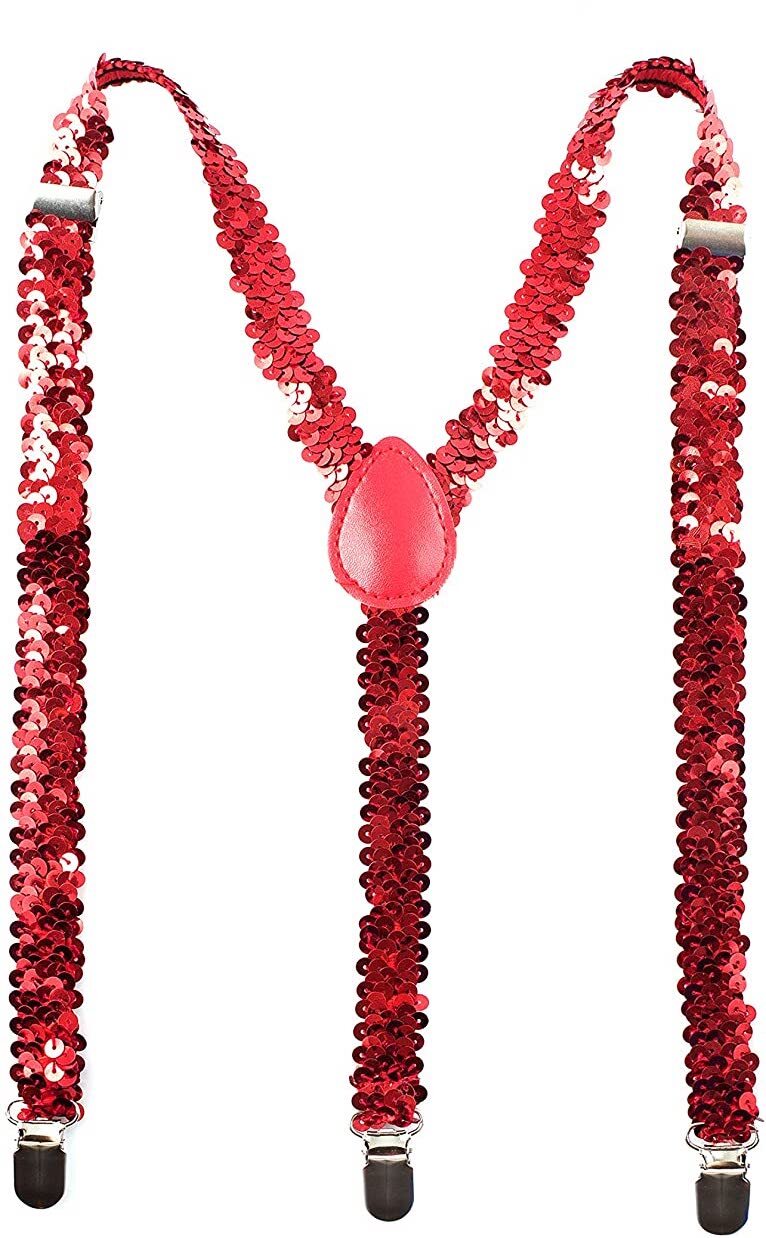 SEQUIN SUSPENDERS Unisex Adjustable Braces Clip On Elastic Y-Back  - Red Main image