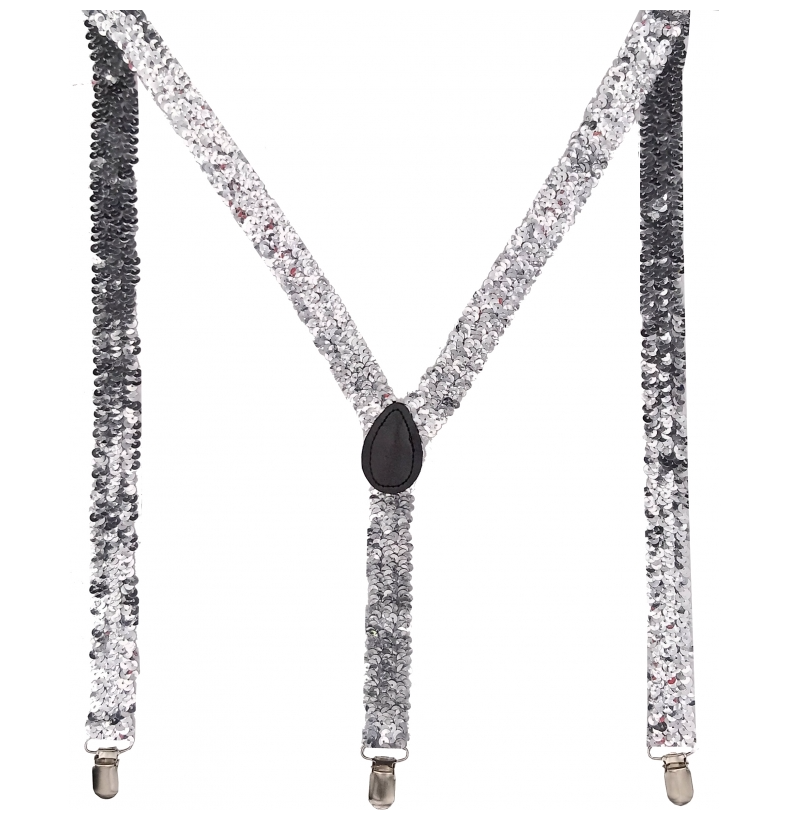 SEQUIN SUSPENDERS Unisex Adjustable Braces Clip On Elastic Y-Back  - Silver Main image