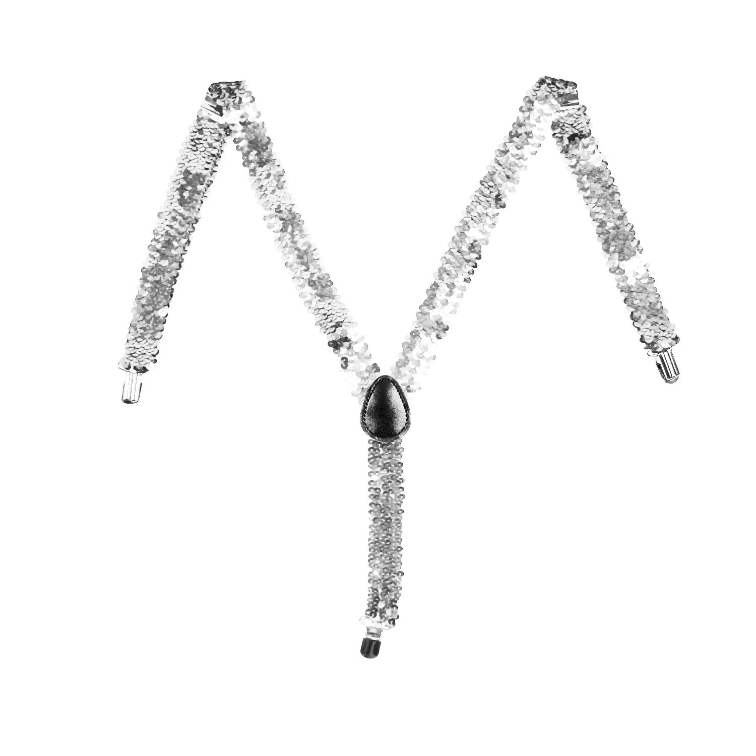SEQUIN SUSPENDERS Unisex Adjustable Braces Clip On Elastic Y-Back  - Silver Secondary image