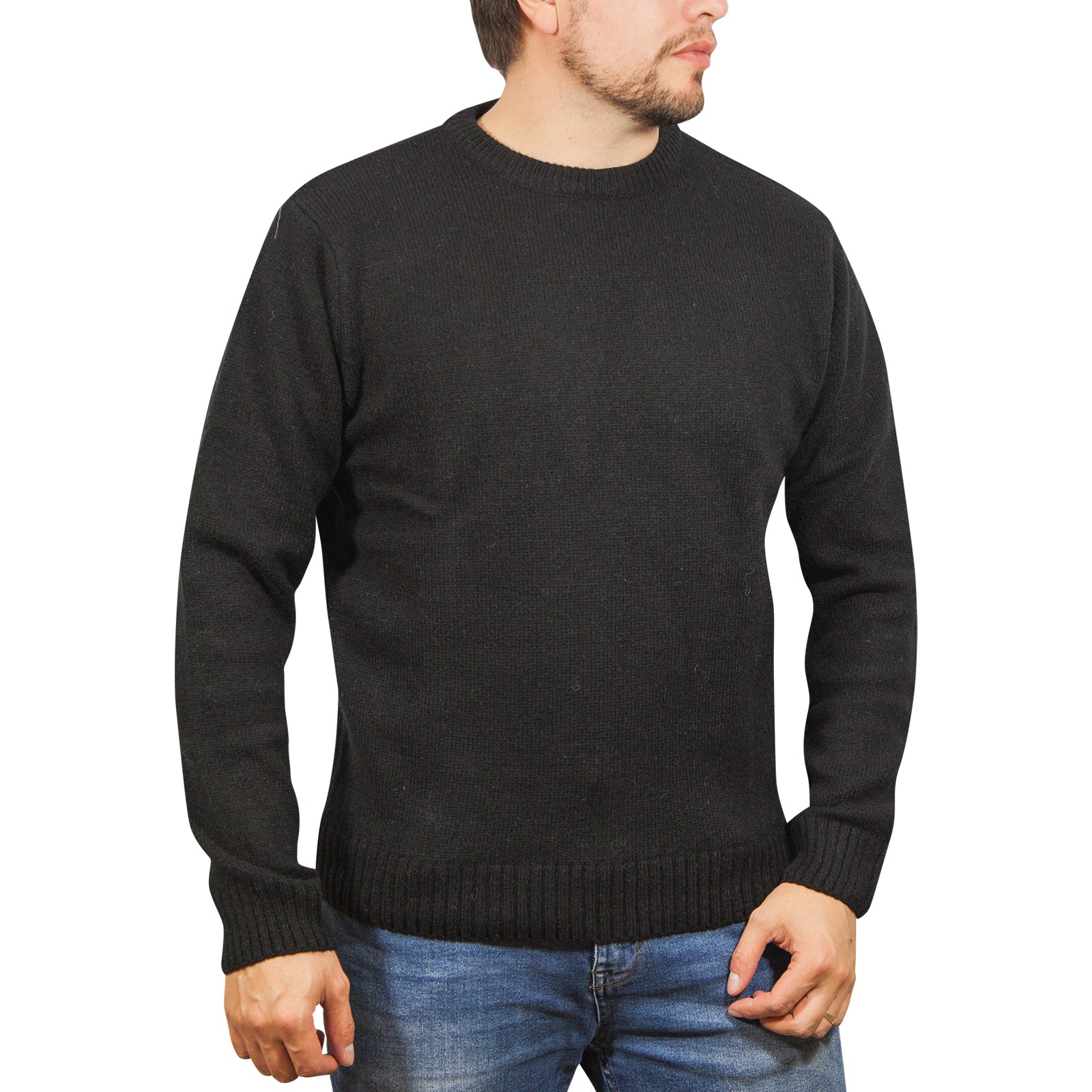 100% SHETLAND WOOL CREW Round Neck Knit JUMPER Pullover Mens Sweater Knitted - Plain Black - XXL Main image