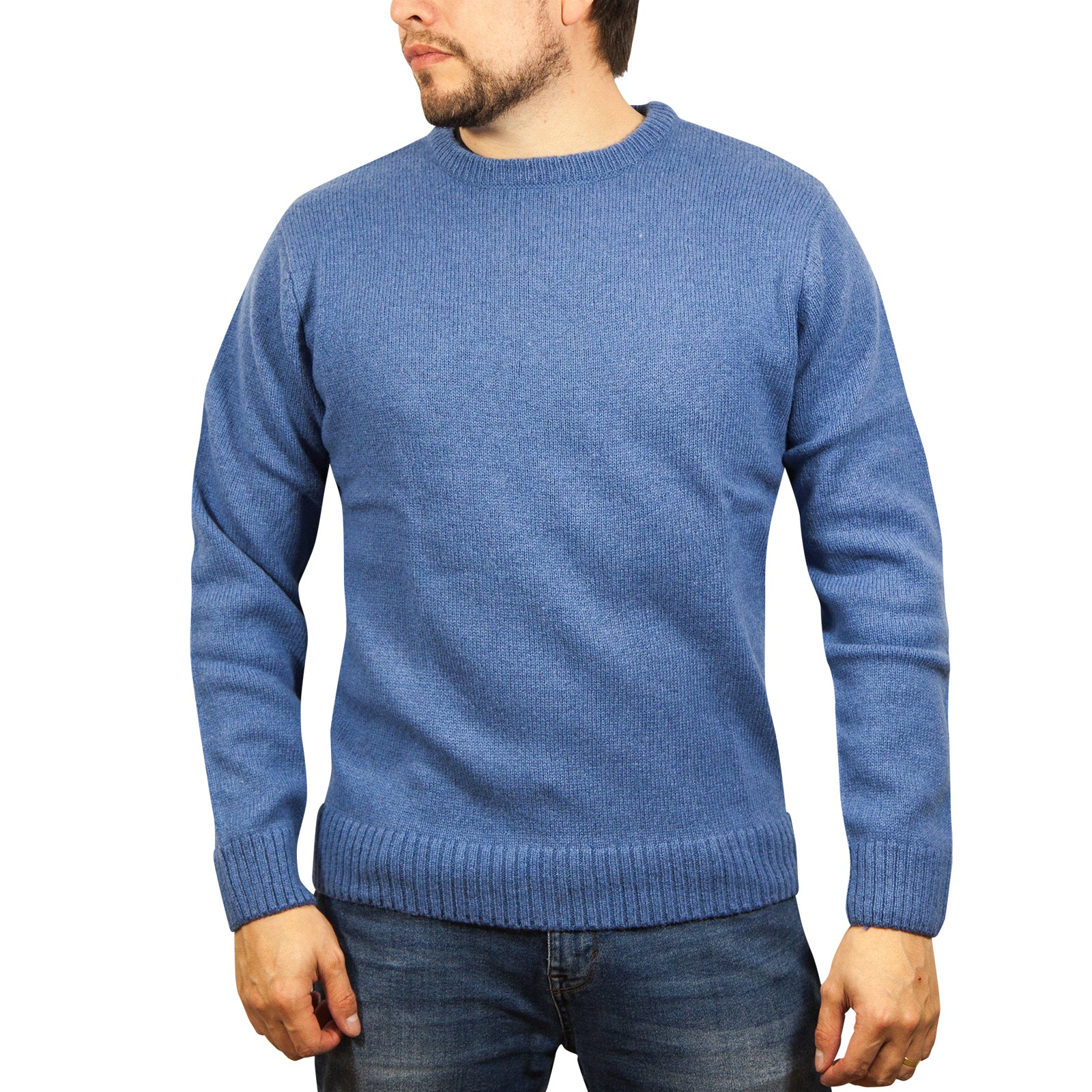 100% SHETLAND WOOL CREW Round Neck Knit JUMPER Pullover Mens Sweater Knitted - Sky (40) - 5XL Main image