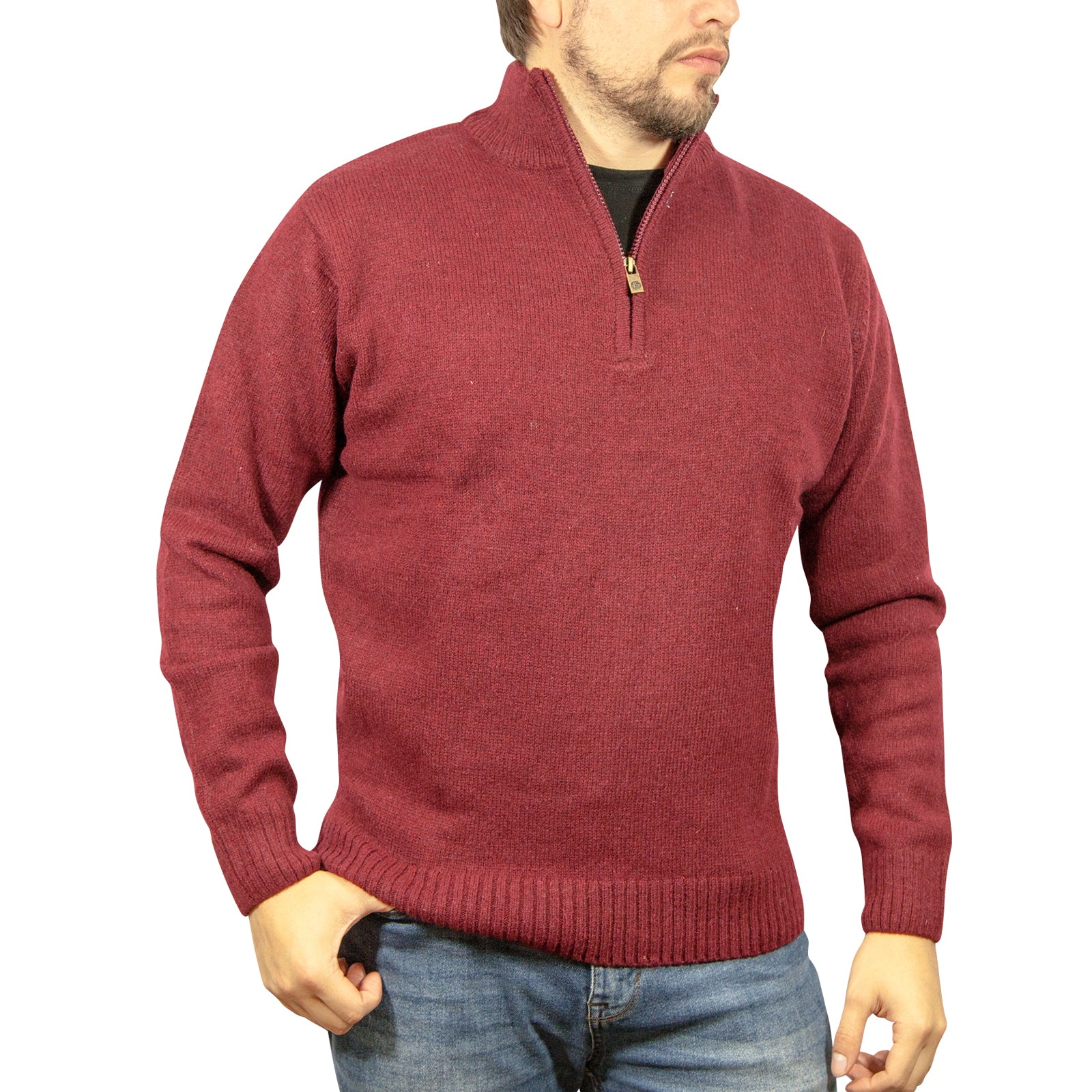 100% SHETLAND WOOL Half Zip Up Knit JUMPER Pullover Mens Sweater Knitted - Burgundy (97) - XL Secondary image