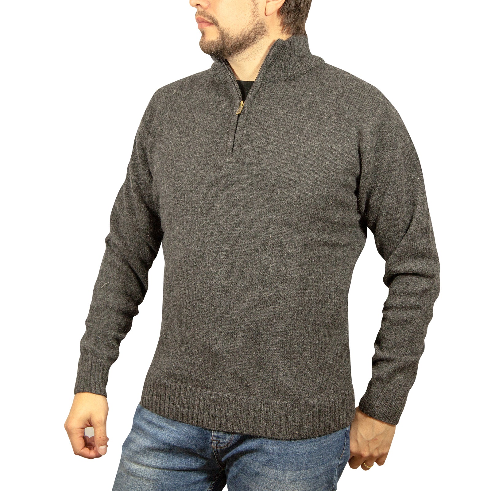 100% SHETLAND WOOL Half Zip Up Knit JUMPER Pullover Mens Sweater Knitted - Charcoal (29) - 6XL Secondary image