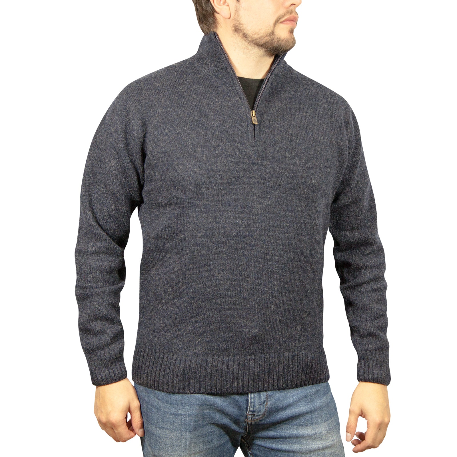 100% SHETLAND WOOL Half Zip Up Knit JUMPER Pullover Mens Sweater Knitted - Denim Blue (45) - 4XL Secondary image