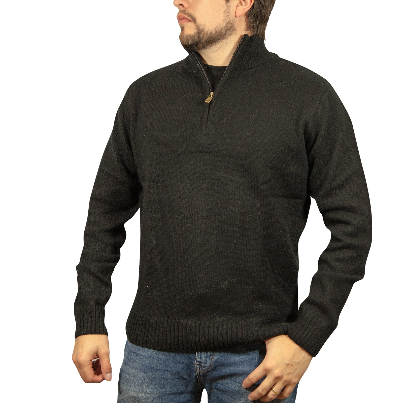100% SHETLAND WOOL Half Zip Up Knit JUMPER Pullover Mens Sweater Knitted - Plain Black - 4XL Main image
