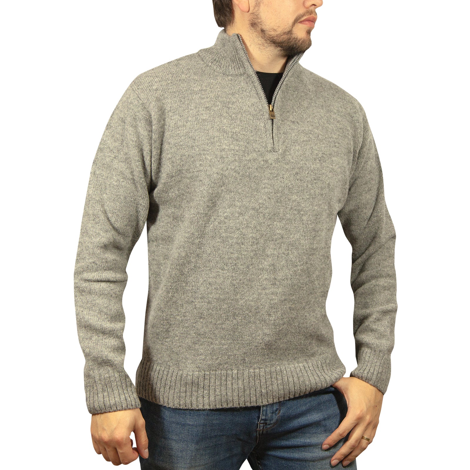 100% SHETLAND WOOL Half Zip Up Knit JUMPER Pullover Mens Sweater Knitted - Grey (21) - M Secondary image