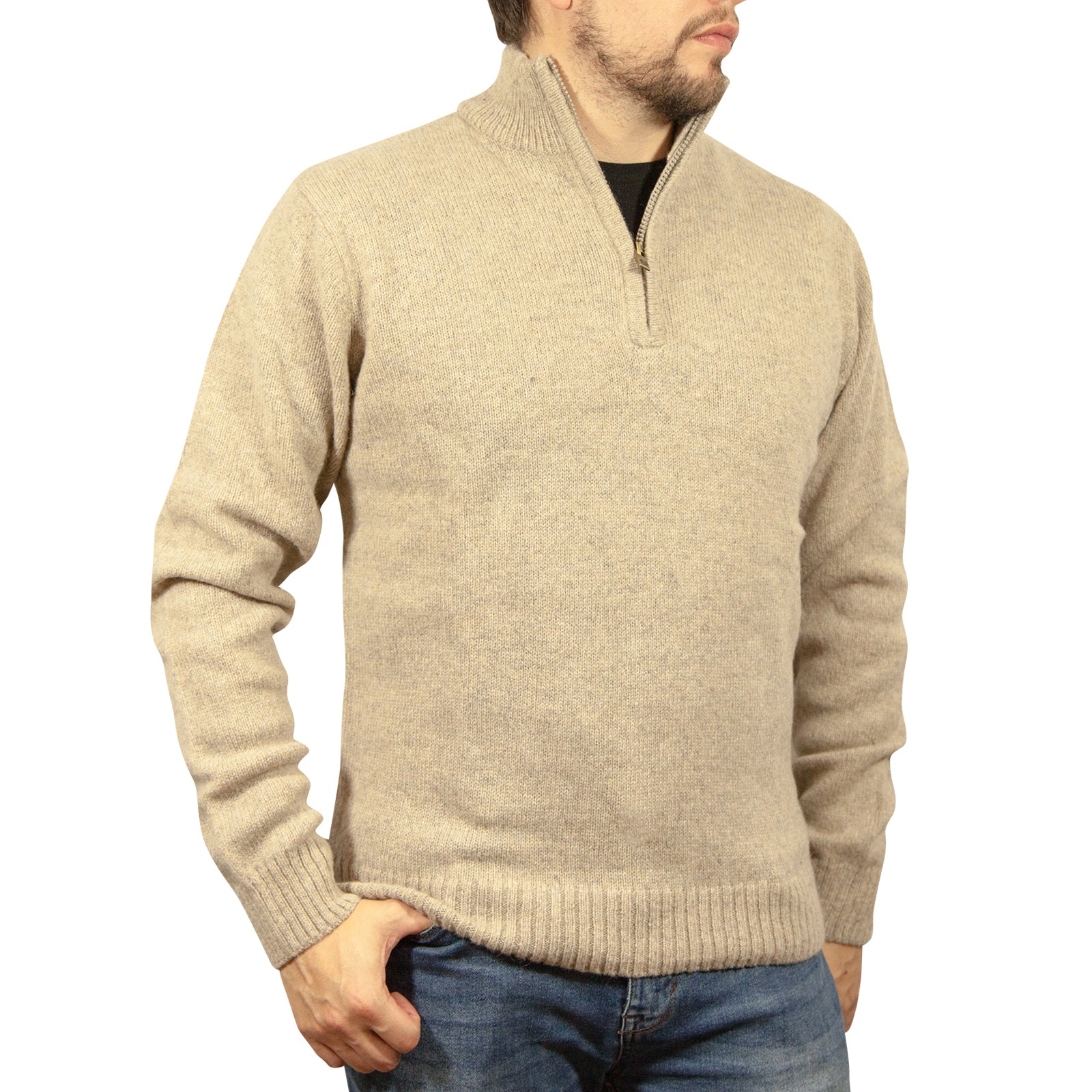 100% SHETLAND WOOL Half Zip Up Knit JUMPER Pullover Mens Sweater Knitted - Oat Marle (03) - L Main image