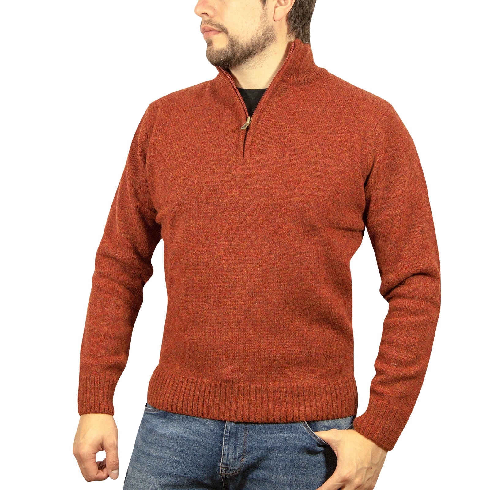 100% SHETLAND WOOL Half Zip Up Knit JUMPER Pullover Mens Sweater Knitted - Rust (54) - 5XL Main image