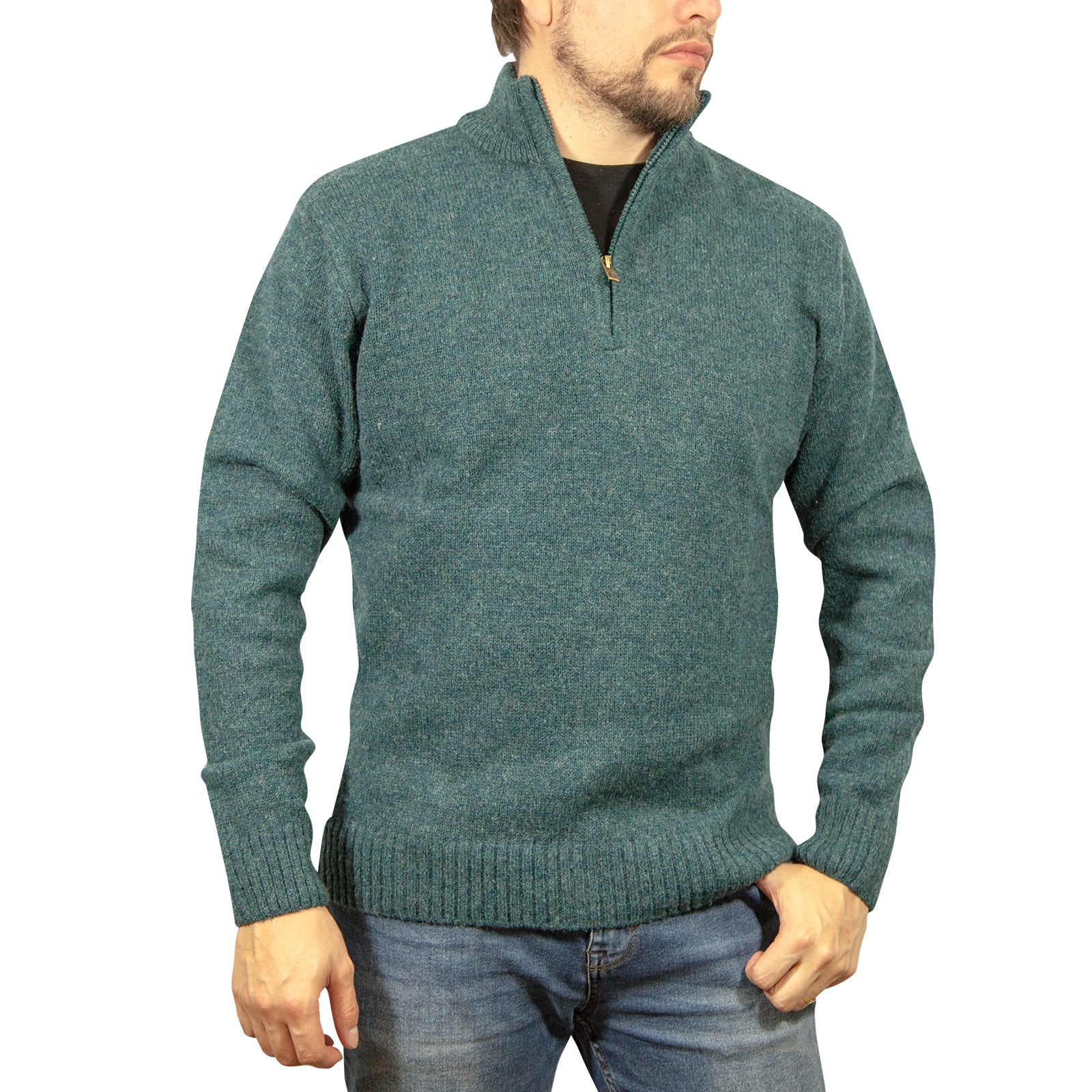 100% SHETLAND WOOL Half Zip Up Knit JUMPER Pullover Mens Sweater Knitted - Sherwood (32) - XL Secondary image