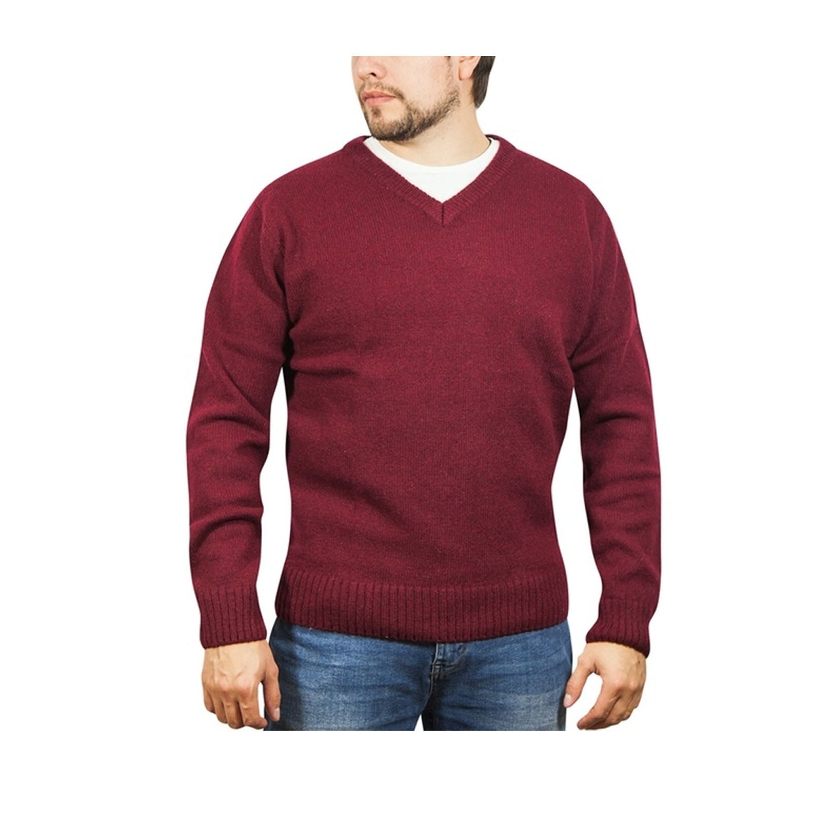 100% Shetland Wool V Neck Knit Jumper Pullover Mens Sweater Knitted - Burgundy (97) - M Main image