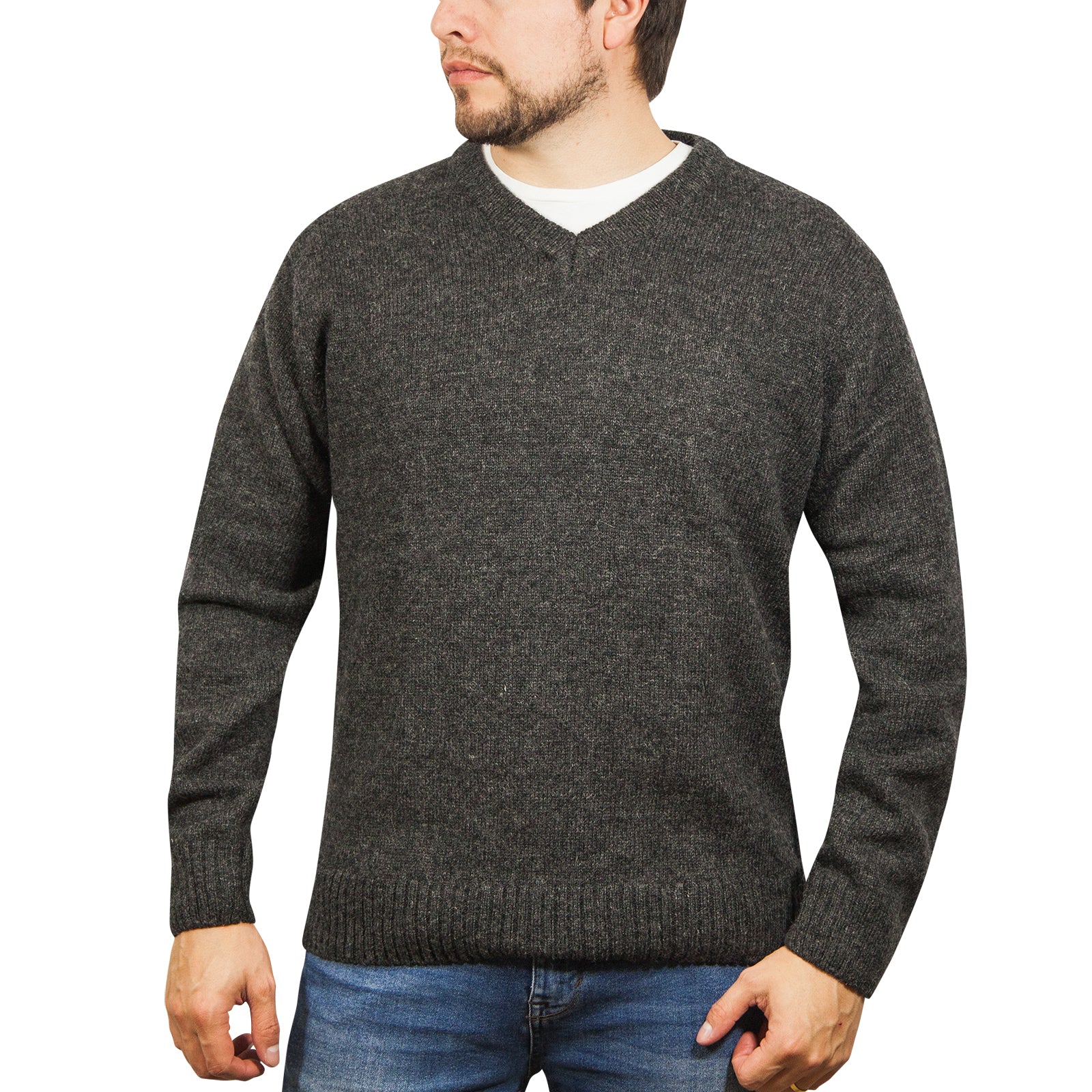 100% Shetland Wool V Neck Knit Jumper Pullover Mens Sweater Knitted - Charcoal (29) - L Secondary image