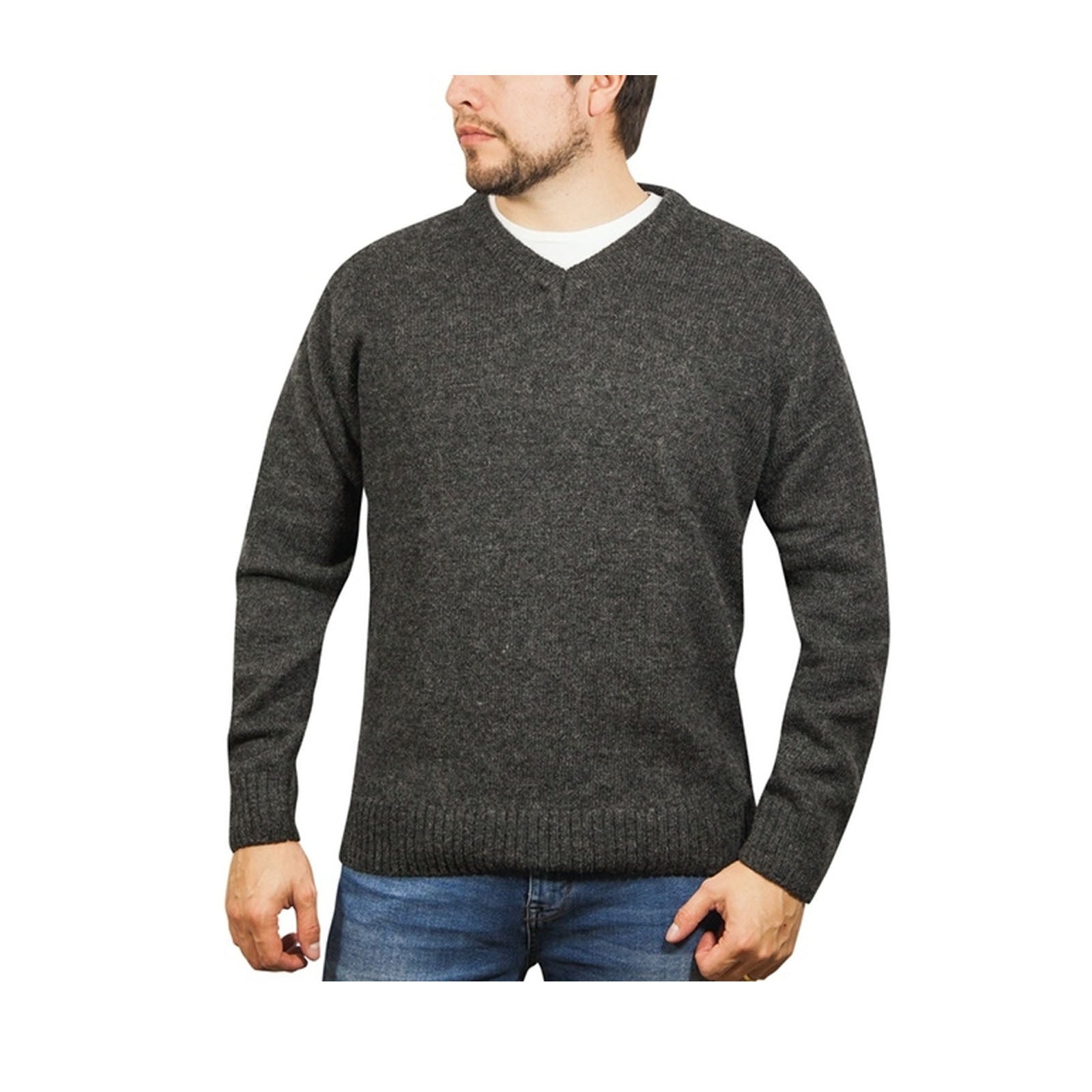100% Shetland Wool V Neck Knit Jumper Pullover Mens Sweater Knitted - Charcoal (29) - M Main image