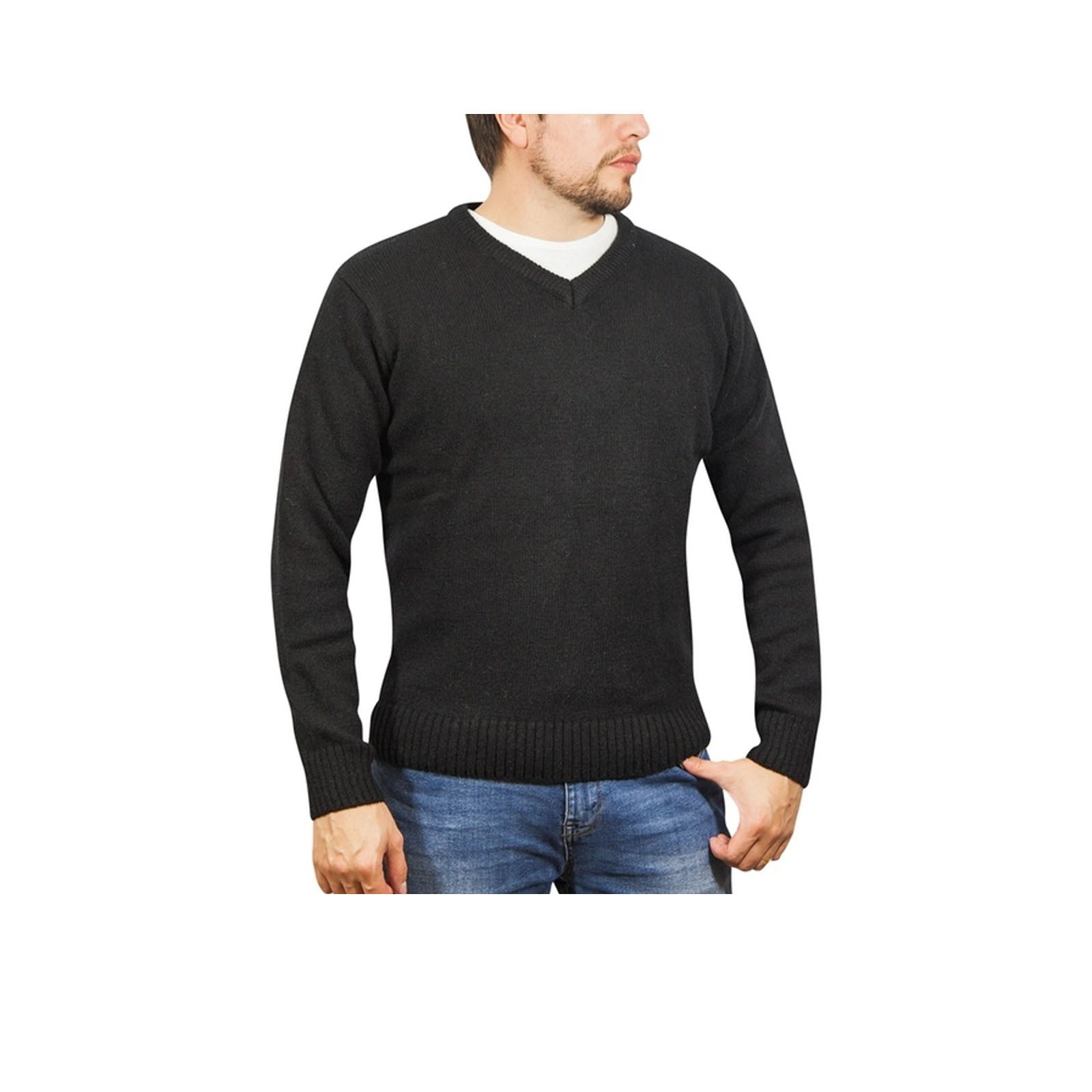 100% Shetland Wool V Neck Knit Jumper Pullover Mens Sweater Knitted - Plain Black - 6XL Secondary image