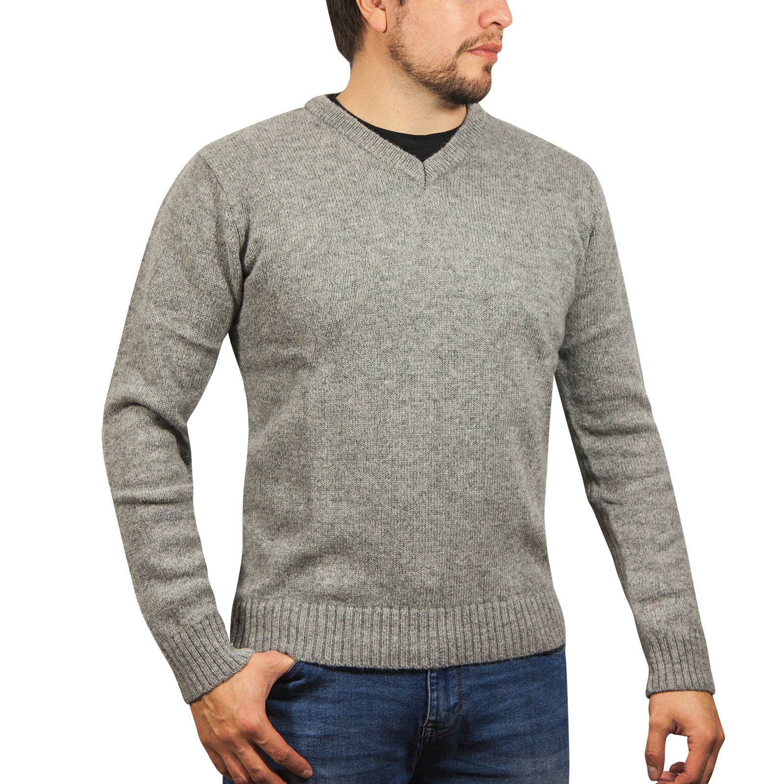 100% Shetland Wool V Neck Knit Jumper Pullover Mens Sweater Knitted - Grey (21) - M Main image