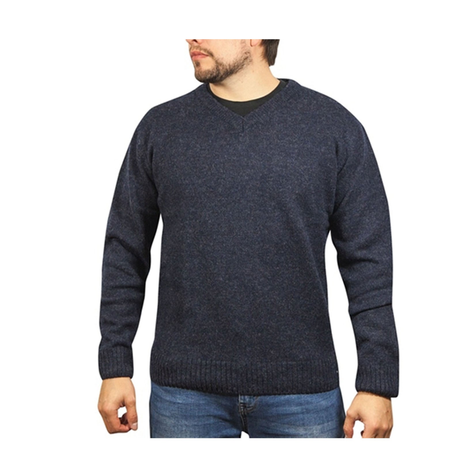 100% Shetland Wool V Neck Knit Jumper Pullover Mens Sweater Knitted - Navy (45) - L Main image
